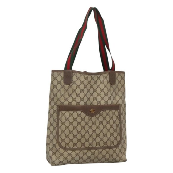 GUCCI GG Supreme Web Sherry Line Tote Bag PVC Leather Beige 39.02.003 Auth kk456 - Picture 1 of 16